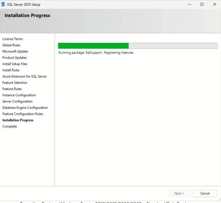 Installation Progress ekranı